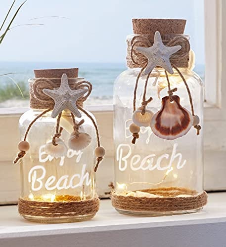 2X LED Glas Beach Windlichtglas mit Leuchtdraht, 12 & 16 cm hoch, Maritime Leuchtdeko, Laterne, batteriebetrieben, Windlicht, Leuchtdeko, Tischdeko
