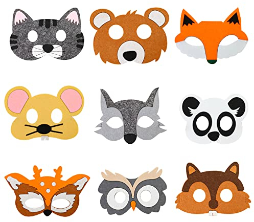 AMONENZ 9 Stück Tiermasken für Kinder, Weichen Filzmasken, Niedlichen Geburtstag Augenmaske, für Geburtstagsfeiern, Kostümpartys und Bauernhaus Dschungelsafari Thema