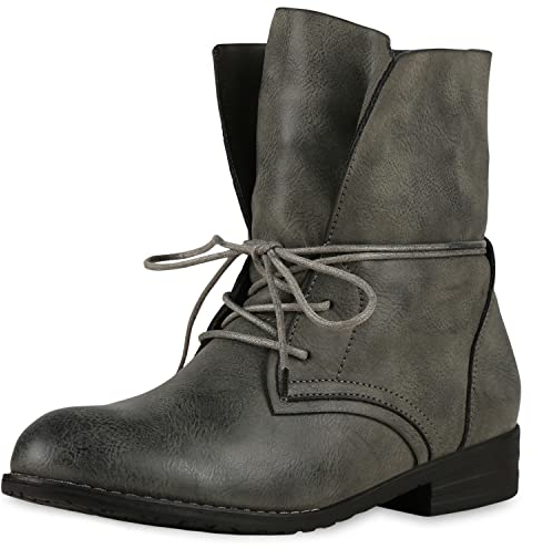 VAN HILL Damen Stiefeletten Schnürstiefeletten Leder-Optik Schuhe Basic Boots Schnürer Freizeitschuhe 149638 Dunkelgrau 37