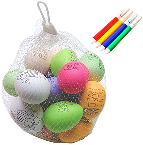 20 stücke Ostereier Mehrfarbig Ostereier Kunststoff mit Verschiedenem Musterseil und 4 Aquarellstiften in Aufbewahrungstasche für DIY Dekoration Osterjagdspiel