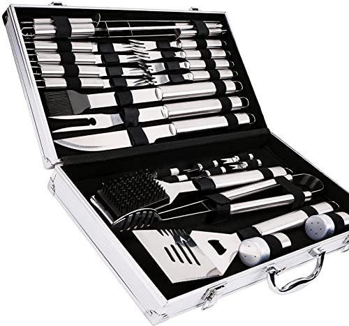 CoolGadget BBQ Grillbesteck 27er Set mit Alukoffer [Edelstahl Grill Zubehör] für Garten, Camping [Grillkoffer, Grillzange, Grillgabel, Grillmesser, Pinsel, Wender] 27-teilig inkl. Aufbewahrungskoffer