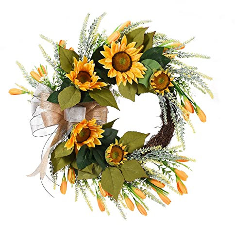 QYLJZB 21.7Inch Artificial Sunflower Wreath with Bowknot, Hanging Front Door Garland Summer Wreaths Grapevine Wreath for Wedding Party Indoor Outdoor Home Decor, Yellow