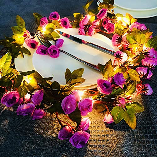 Lichterkette Rose Blume Schraube Pflanzen Dekorative Lichterkette Rosa Batterie für Haus, Valentinstag, Party, Muttertag, Hochzeit, Weihnachten, Dekoration (2 m/20 LED, 69 Blumen-Violett)