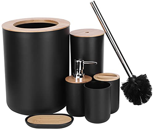 Ensemble de 6 Accessoires de Salle de Bain Complets, Ensemble de Salle de Bain avec Poubelle, Brosse WC, Porte-brosse à Dents, Porte-savon, Distributeur de Savon et Gobelet, en Bois de Bambou + Plasti