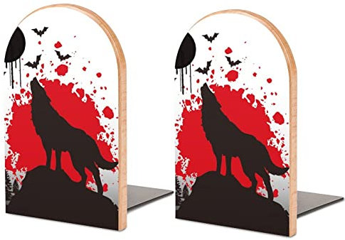 Lot De 2 Serre-Livres Chauve-Souris Loup Rouge Support De Livre Antidérapant en Bois pour Bibliothèque De Bureau