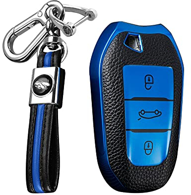 KUNIO Coque de clé de Voiture Compatible avec Peugeot 308 408 508 208 2008 3008 4008 5008 pour Citroen Grand C4 Picasso C4L C6 C3-XR Accessoires TPU Porte-clés télécommande 3 Boutons Bleu