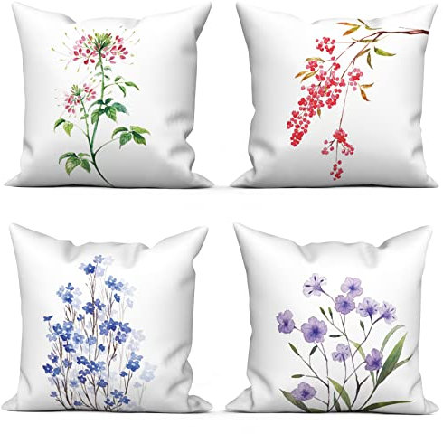 ASDCXZ Frühling Kissenbezug 40x40 cm 4er Set, Frisch Lila Blume Weiß Sofa Kissen Dekokissen Kissenbezüge Kissenhülle Waschbar Polyester Flachs Textil Outdoor Polster Kopfkissenbezug Kissen Bezug