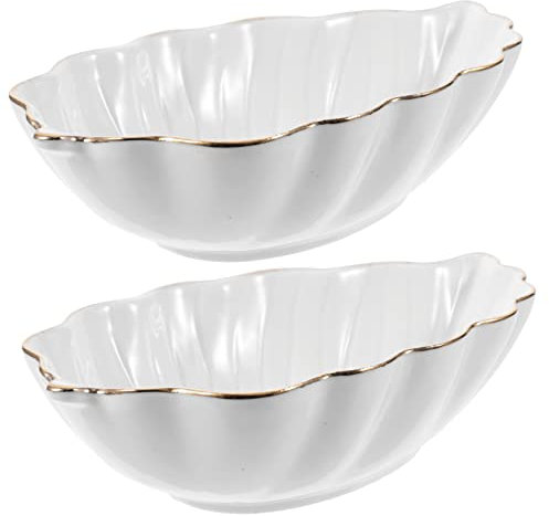 Cabilock 2pcs Leaf Shaped Ceramic Dipping Bowls Gold Trim Small Sauce Dishes for Appetizers White Soy Sauce Dish for Serving Snacks and Condiments