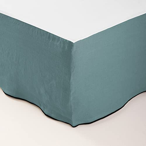 MADURA - Cache sommier Carlina Décoration pour Maison Salon Chambre Canapé - Idée Cadeau Lin lavé légèrement froissé Vert de Gris et Bourdon Noir 140x200 cm