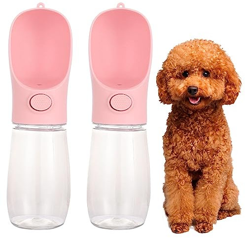 Ssiyiya 2 Pack Dog Water Bottles for Walking, 450ml Portable Leakproof Dog Water Dispenser with Activated Carbon Filter Travel Drinking Bottle for Pet Puppy Outdoor Walking Hiking(Pink)