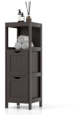 RELAX4LIFE Bathroom Floor Cabinet, Freestanding Wooden Cupboard Storage Cabinet with 2/4 Removable Drawers, Slim Storage Unit for Bathroom Living Room Kitchen (2 Drawers + 1 Shelf, Brown)