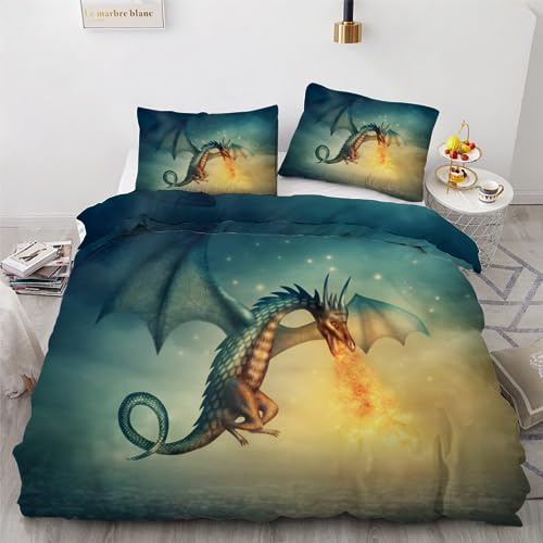 ROUSKI Bettwäsche Drachen 135x200 cm 2teilig 100% Leicht Mikrofaser Kinderbettwäsche Tier Drache Bettbezug mit Reißverschluss 3D Motiv Zimmer Dekor Bettwäsche-Sets mit Kissenbezüge 80x80