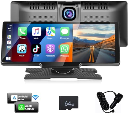 Podofo Autoradio Tragbarer mit Wireless Carplay Android Auto mit Dashcam, 9,3 Zoll Radio mit Bluetooth, FM-Übertragung, 2-Split Funktion, Rückfahrkamera Fahrrekorder 7V-32V + 64G TF-Karte
