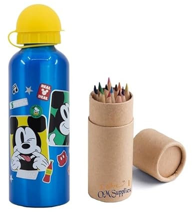OM SUPPLIES Mickey Characters Aluminium Sports Bottle 530ml - Holiday, Back to School Water Drinking Kids Lunch Children Includes Half Size 12pcs (Mickey)