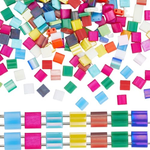 CREATCABIN 250Pcs 2 Hole Tila Beads Mix Glass Beads Square Rectangle Mini Opaque with Plastic Container Mixed Color for Craft Bracelet Necklace Earring DIY Jewelry Making Christmas 5mm