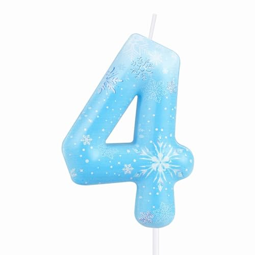 Schneeflocke Zahl Geburtstagskerzen, Blau Weiß 4 Geburtstag Kerze für Kuchen Mädchen, Frozen Number 4 Kerzen, Weiß Snow Candle Cake Topper für Frozen Themed Geburtstag Dekorationen Party