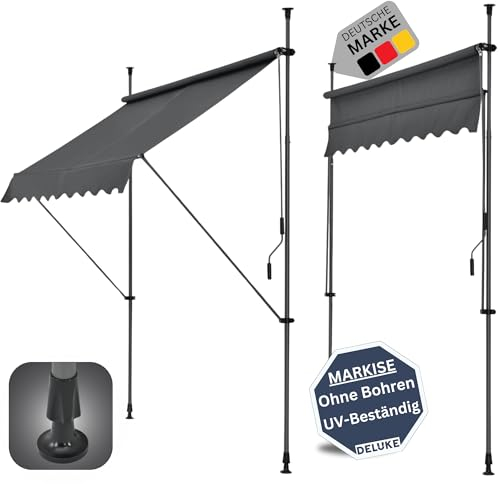 DELUKE® Klemmmarkise 300cm breit - mit Handkurbel | Balkonmarkise ohne Bohren, Sonnenschutz UV-beständig, Sonnenmarkise höhenverstellbar, Markise mit Gestell | 300x120x200-300cm Anthrazit