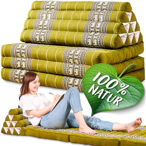 Namasdee Thaikissen XXL breit 190x80x8cm mit 100% natürlicher Kapokfüllung (Grün/Elefanten)
