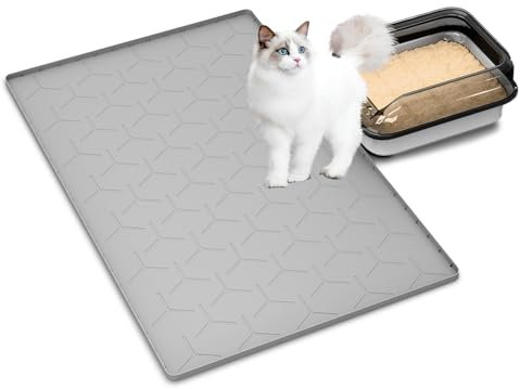 Bulkniu Large Silicone Cat Litter Mat, Waterproof/Urineproof, Litter Recycling, Easy to Clean, Soft on Kitty Paw (22X34- Grey)