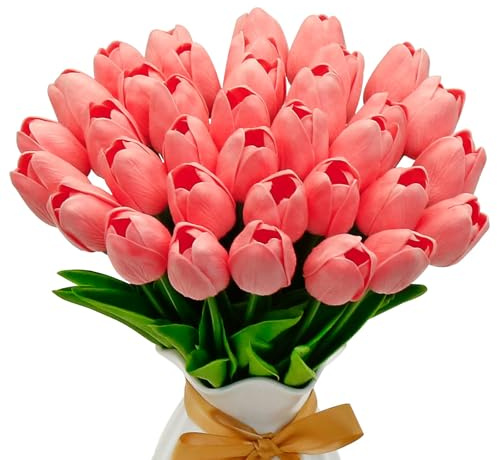 VIKINGS PANDA Tulpen Künstlich wie Echt 36 Stück 33 cm PU Real Touch Kunstblumen Dunkelrosa für Room Decor Tisch Deko (dunkelrosa)