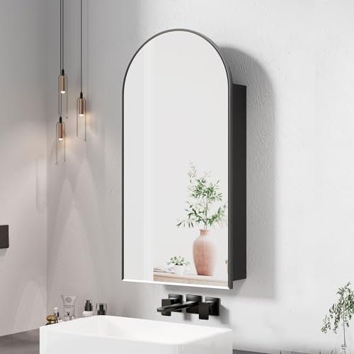 Mepplzian Black Arched Medicine Cabinets with Mirror,Semi Recessed Medicine Cabinet for Bathroom,Metal Framed Medicine Cabinet Surface Mount,Bathroom Mirror Cabinet with Storage,Black,16 x31 Inch