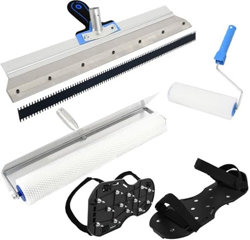 Self-Levelling Cement Tool Kit,Spike Roller for Self Leveling Cement,Epoxy Floor Tools,Roller Brush,Floor Construction Roller Spiked Shoes,Stainless Steel Scraper Self-Leveling Rake
