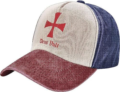 fifbird Deus Vult Tempelritter Kreuz Hüte Distressed Baseball Caps Washed Dad Trucker Denim Cowboyhut, Navy und Rot, Einheitsgröße