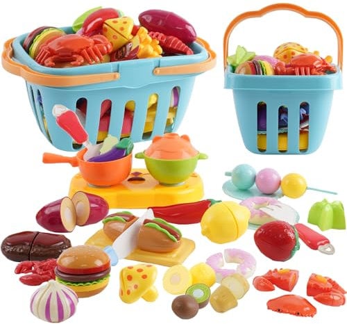 Cutting Play Food Toy 61pcs Plastic Play Food for Kids Kitchen Toys Set Pretend Fruit Vegetables Accessories with Shopping Storage Basket Pretend Role Play Toy Educational Toys for Boys Girls