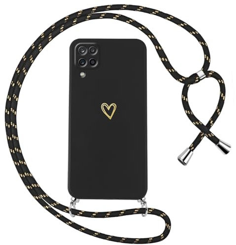 Oelrstfe Handyband für Samsung Galaxy A12/M12/A12 Nacho Hülle mit Band Herz Motiv Handyhülle für zum Umhängen Silikon Stoßfest Ultra Dünn Weich Schutzhülle mit Kordel Necklace Kette Case,Schwarz