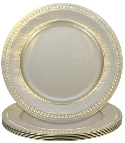 sourcing map 6pcs Vintage Charger Plates Bulk, 13 Inch Plastic Beaded Chargers for Dinner Plates Set Round Plate Charger for Wedding Party Event Table Setting Decoration, Grey