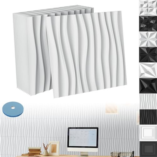 XINZI 3D Wandpaneele PVC Wandverkleidung Wanddeko 50x50 cm, 12 Stück 3D Wandplatten Wall Panels Gaming Wandpaneele, Deckenplatten Wall Deko Panel für Deckenpaneele Wand Panels, Welle Weiß, 3m²