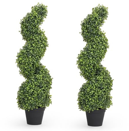 THE BLOOM TIMES Set di 2 alberi artificiali in legno di bosso a spirale da 91 cm, resistenti ai raggi UV, piante finte a torsione per portico anteriore, decorazione per esterni, 90 cm