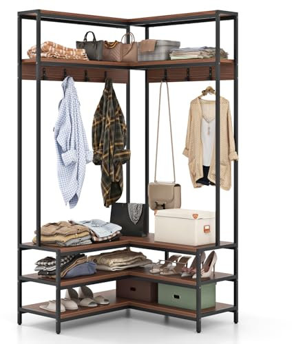 GOPLUS L-förmiger Garderobenständer mit Sitzbank, Eck-Kleiderständer mit 7 Haken und Ablageflächen, Garderobe Schuhregal Garderobenregal für Eingang & Schlafzimmer (Walnuss)