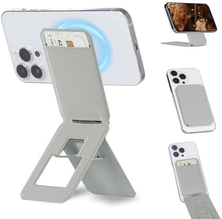 iontech Phone Stand Tripod Wallet Compatible with MagSafe iPhone 16/15/14/13/12 Series, 3 in 1 Strong Magnetic Phone Holder, PU Leather Wallet, Lightweight & Adjustable Cell Phone Stand (Grey)
