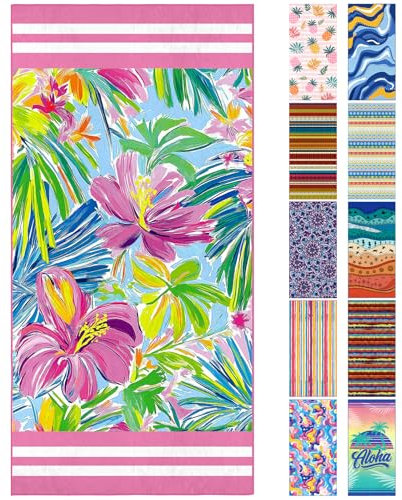 Queenshin Strandtuch Mikrofaser Strandhandtuch Groß 90 x 180 cm,Handtuch Badetuch Strandtücher,Saugstark,Schnelltrocknend,Sandfreie,Leicht,für Strand,Reise,Sauna(Lila Blüten und Grüne Blätter)