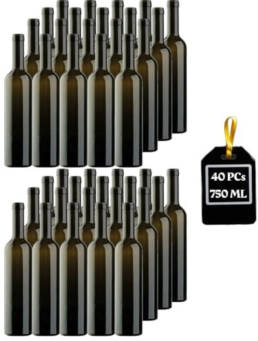 Firmadigaranzia srl FDG | 40 Bottiglie vuote Bordolese in Vetro Scuro UVAG per Vino Rosso, Bianco e Rosato con Imboccatura idonea per Tappo in Sughero, 750 ml