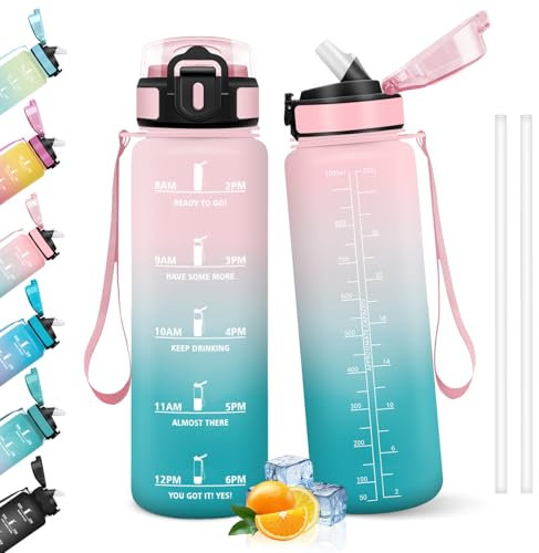 HoneyHolly Botella Agua 1 Litro, Libre de BPA & Prueba de Fugas, Cantimplora, con Pajita, Botella Agua Gimnasio, con Marcador de Tiempo, Cantimplora para Sport, Bicicleta, Gimnasio, Escuela