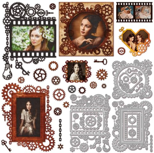 GLOBLELAND Stanzformen Für Fotorahmen Mit Vintage Zahnradmotiv Für Bastelarbeiten Scrapbooking Retro Filmrahmen Metall Stanzformen Schlüssel Stanzschablonen Für Kartenherstellung Prägung Fotoalbum