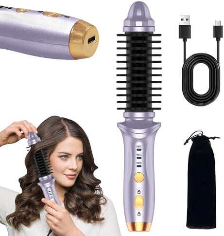 Cordless Hot Brush for Short Hair - Heated Round Brushes & Thermal Curling Iron for Women, USB Mini Hair Straightener Portable Curling Brush, Curly Straight Hair Travel Heat Styling(Purple)
