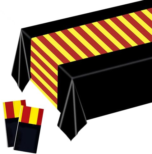 SAVITA 2 Stück Zauberer Tischdecke, 274x137cm Kunststoff Schwarz Rot Goldene Streifen Zauberer Tischläufer Partyzubehör mit Magischem Thema für Halloween Geburtstag
