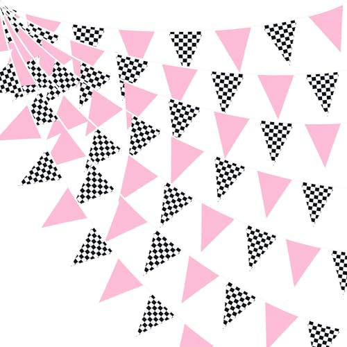 Wimpelkette aus Stoff, ca. 90 cm, rosa-schwarz-weiß kariert, Rennwagen, Party-Dekoration, Dreieck-Flagge, Wimpelgirlande, Luftschlangen für Kinder, Mädchen, Geburtstag, zwei schnelle Babypartys