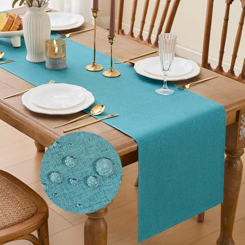 GUJOXILA Modern Tischläufer Türkis Frühling Wasserabweisend Abwaschbar | Leinenoptik Tischläufer Esstisch Tisch Dekoration für Hochzeiten Outdoor Drinnen Urlaub Party Dekor 40 x 180 cm