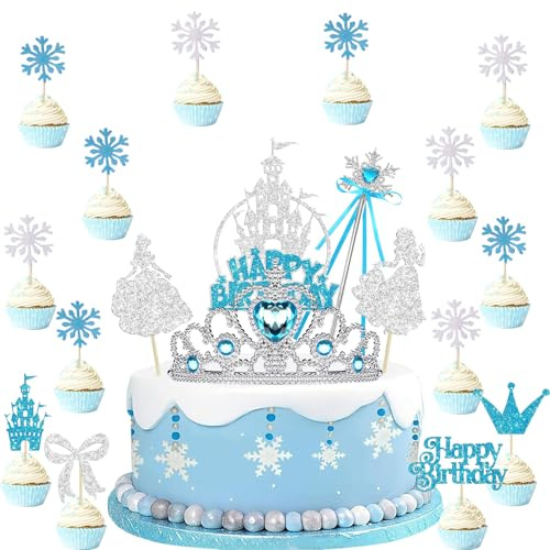 29PCS Frozen Crown Snowflake Stick Kids Cake Topper, blu e argento fiocco di neve castello torta di compleanno inserto, Elsa, Cenerentola Birthday Party