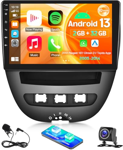 10 Zoll Autoradio 2 Din für Peugeot 107/ Citroen C1/ Toyota Aygo 2005-2014 mit Carplay Android Auto Mirror Link Bluetooth FM/RDS WiFi GPS DAB+ SWC Rückfahrkamera Mikrofon, 2+32G