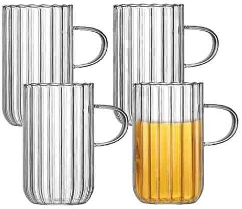 WDOPEN Coffee Mugs 4 Piece Set, Clear Iced Coffee Glass Cups, Clear Glass Cups with Handle, for Juice, Beverage, Milk, Cocktails, and More
