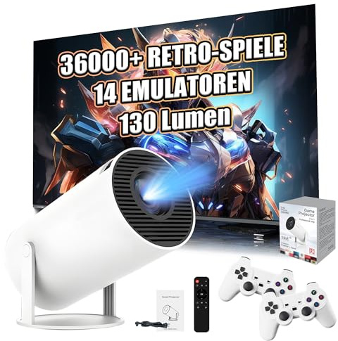 M300 MAX Tragbarer Projektor mit WIFI & Bluetooth, Drahtloser Projektor mit eingebauten 36000+ Spielen & 14 Emulatoren, 130 Lumen, 1024*600P, Android 11 Spielkonsole für Heimkino, Outdoor (Weiß Box)