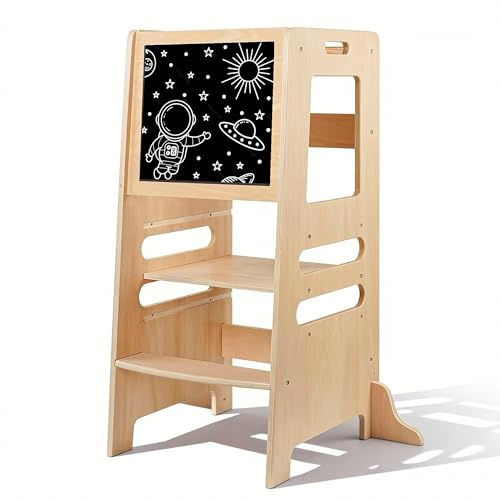 Montessori Kinder Lernturm ab 1 Jahr,Küchenhelfer 3 stufig höhenverstellbar | Learning Tower aus Holz für Kinder 1–5 Jahre – Mitwachsender Lern-Tritthocker mit Sicherheitsschiene für Küche & Bad