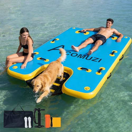 ACOMUZI Inflatable Floating Dock for Dogs & Humans, 5ft/8ft/10ft/12ft Heavy Duty Swim Platform with Water Ramp, 6 Thick Drop Stitch Portable Lake Float, Includes Pump & Bag