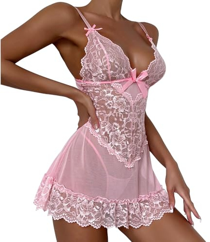 Risipu Sexy Lingerie for Women Lingerie Sets for Women UK Sexy Nightwear for Women Lace Babydoll with Robe Nightdress Sleepwear (A-Pink, M)