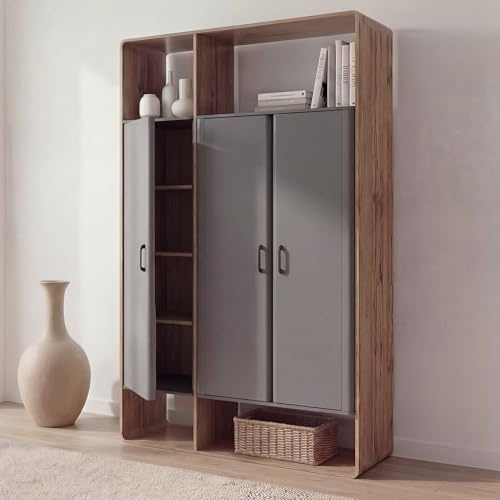 Mendler Schrank HWC-P43, Garderobenschrank Kleiderschrank Highboard 3 Türen MDF 200x120x55cm - Rivera-Eiche-Optik, dunkelgrau